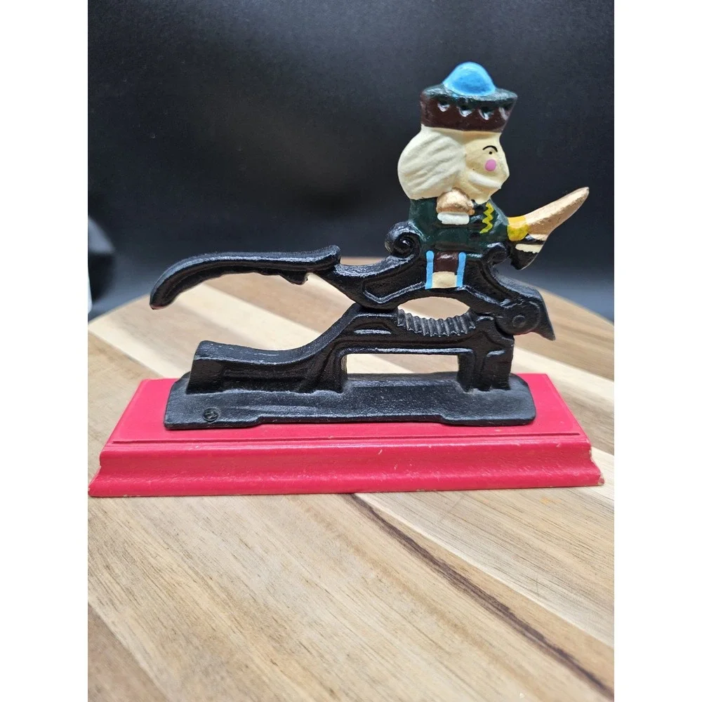 Cast‎ Iron Nut Cracker Hand Painted Victorian Style Wooden Base Christmas Decor